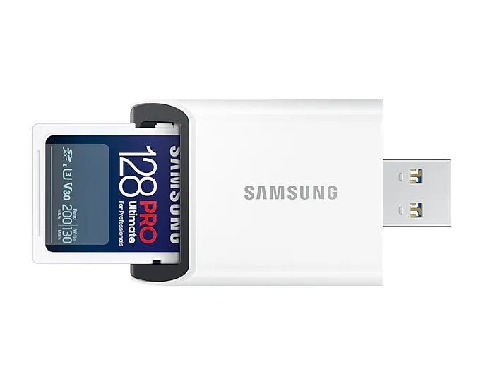 Samsung PRO Ultimate 128 GB SDXC UHS-I U3 V30 A1 kort + USB-l&auml;sare, vit