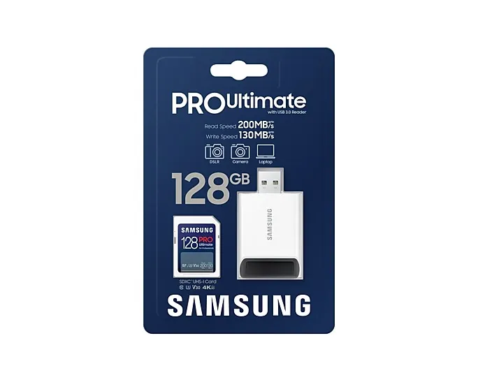 Samsung PRO Ultimate 128 GB SDXC UHS-I U3 V30 A1 kort + USB-l&auml;sare, vit