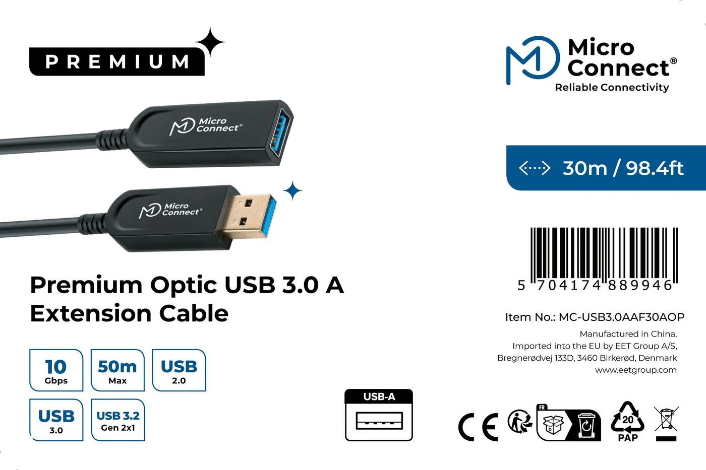 MicroConnect MC-USB3.0AAF30AOP aktiivinen optinen kuitu USB 3.2 Gen 2 USB-A -jatkokaapeli, 30 m, musta
