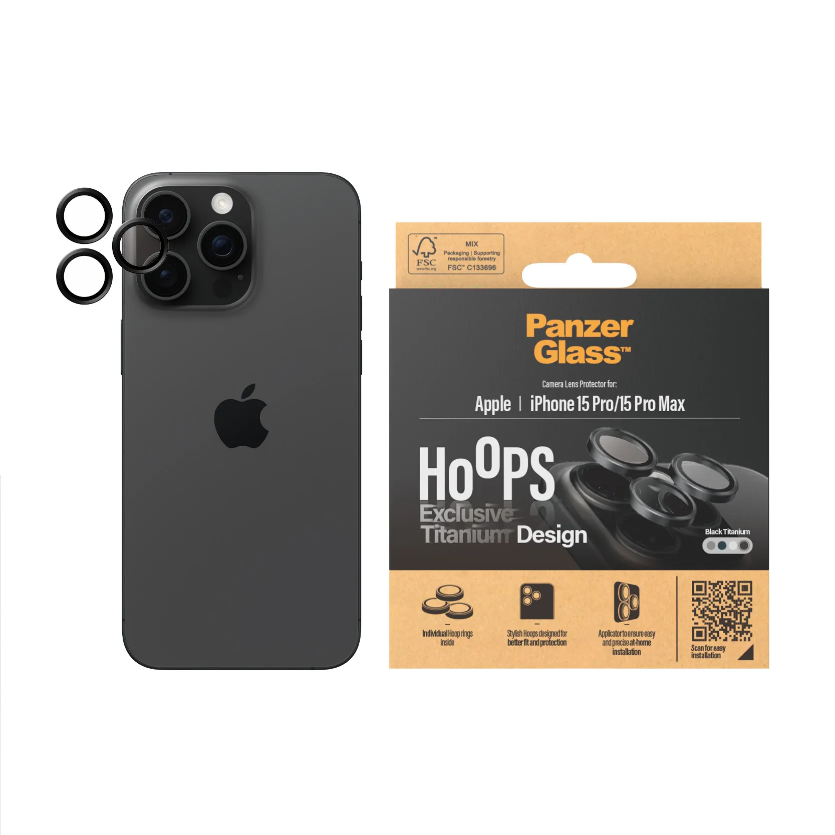 PanzerGlass Hoops, iPhone 15 Pro / 15 Pro Max -kameran linssinsuoja, Black Titanium