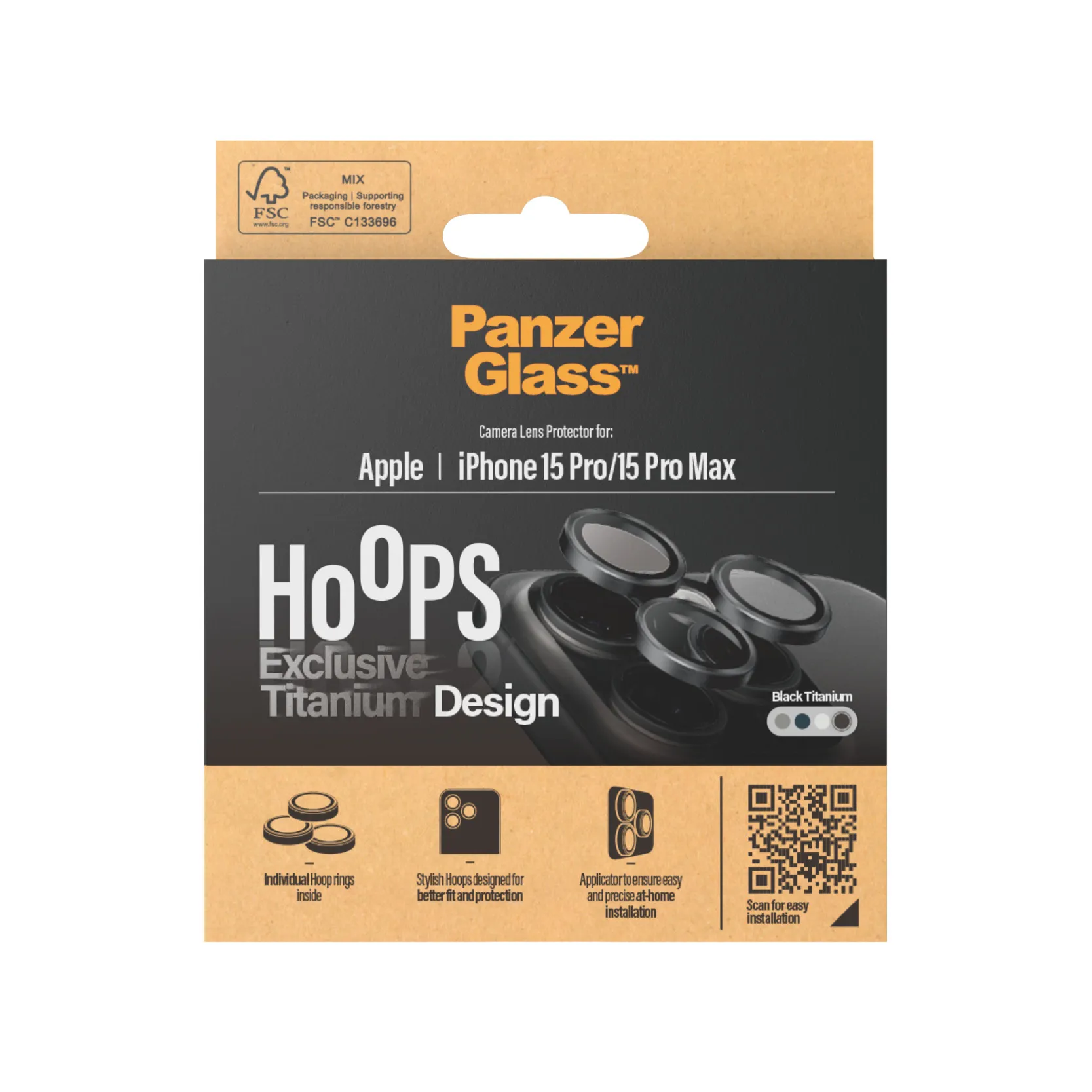 PanzerGlass Hoops, iPhone 15 Pro / 15 Pro Max -kameran linssinsuoja, Black Titanium