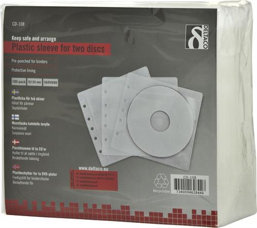 DELTACO muovitasku CD-levyille, kaksipuolinen, 100-pakkaus