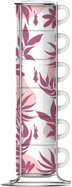 Bialetti Primavera Posliiniset espressokupit telineell&auml; Vaaleanpunainen & Valkoinen 90 ml 6 kappaletta
