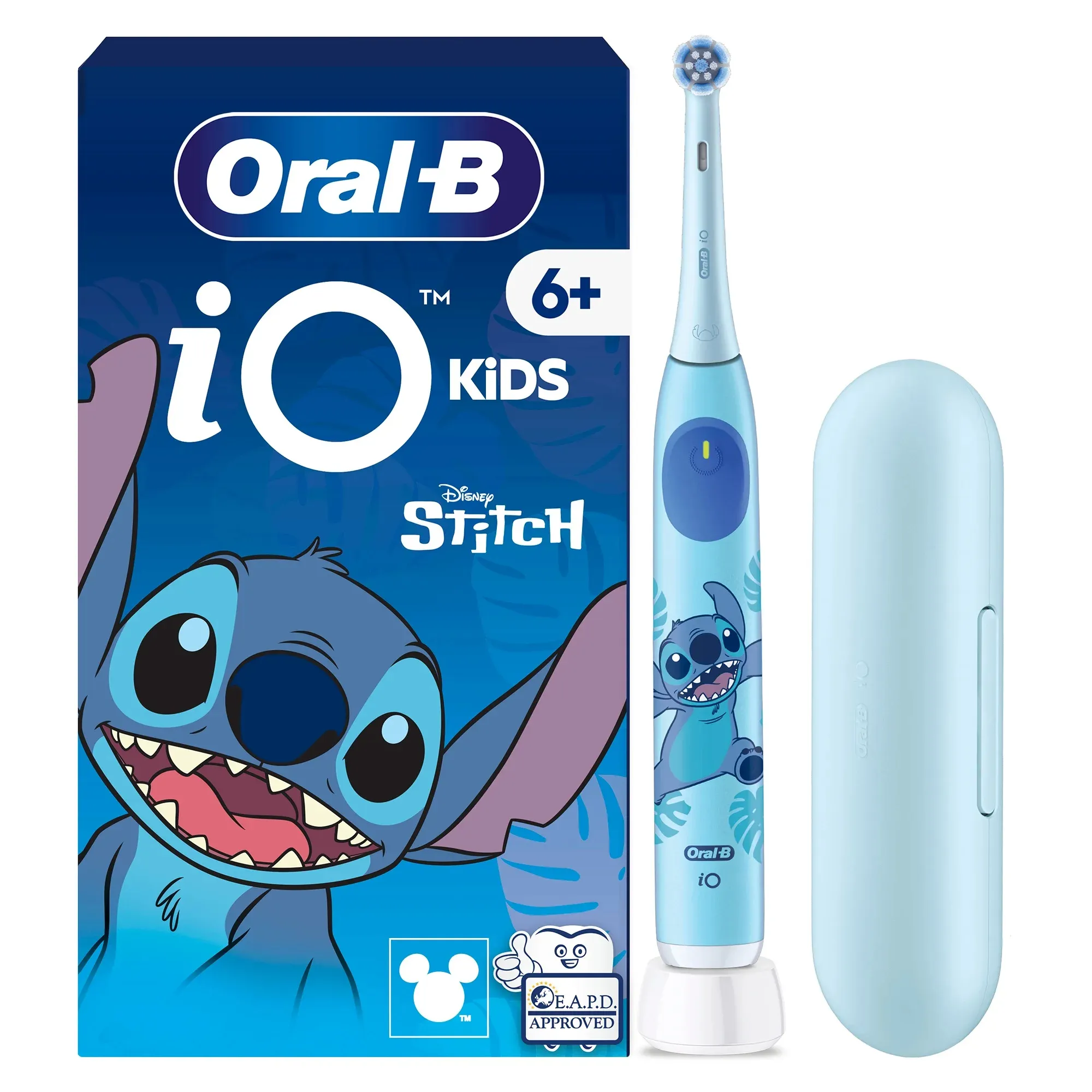 Oral-B iO Kids 6+ Stitch -lasten s&auml;hk&ouml;hammasharja, matkakotelo, sininen