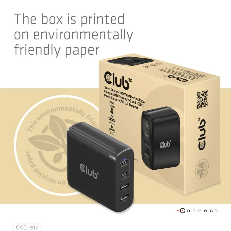 Club 3D 100W GaN 2x USB-C PD3.0 + 2x USB-A - charger, Black