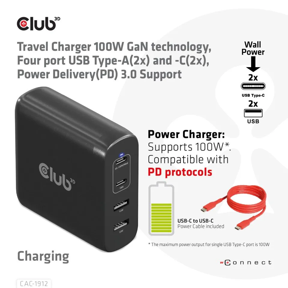 Club 3D 100W GaN 2x USB-C PD3.0 + 2x USB-A - charger, Black