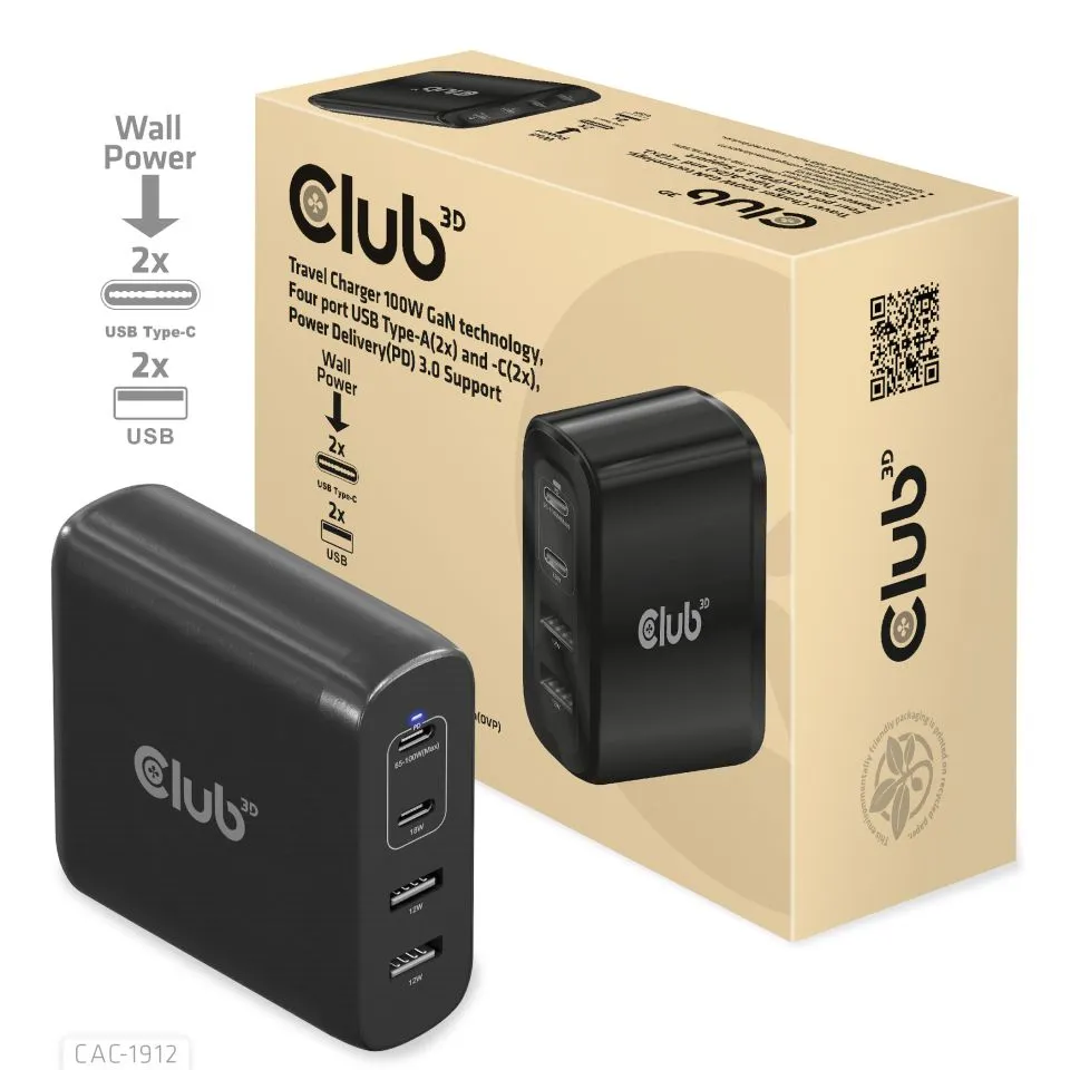 Club 3D 100W GaN 2x USB-C PD3.0 + 2x USB-A - charger, Black