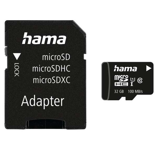 Hama 32 Gt MicroSDHC Class 10 UHS-I V10 -muistikortti + SD-adapteri, musta