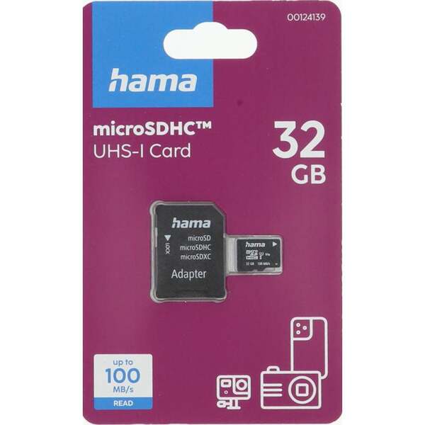 Hama 32 Gt MicroSDHC Class 10 UHS-I V10 -muistikortti + SD-adapteri, musta