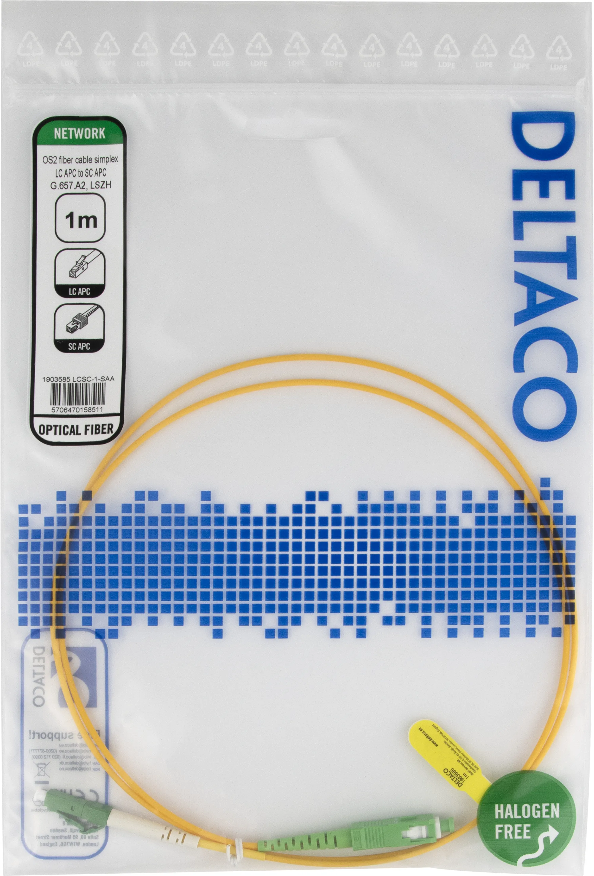 Deltaco OS2 LSZH LC-SC 1m Fiber Optic Cable, Yellow