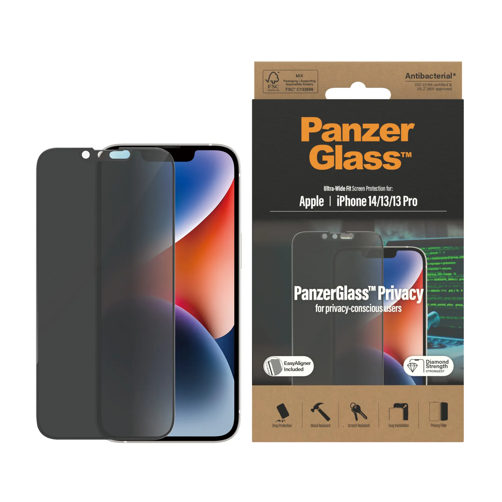 PanzerGlass Ultra-Wide Fit, Privacy, iPhone 14 / 13 / 13 Pro - Screen Glass