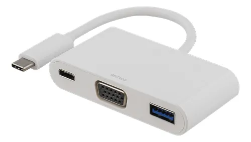 DELTACO USB-C VGA ja USB Typ A adaptereihin, USB-C na, 60W, valkoinen