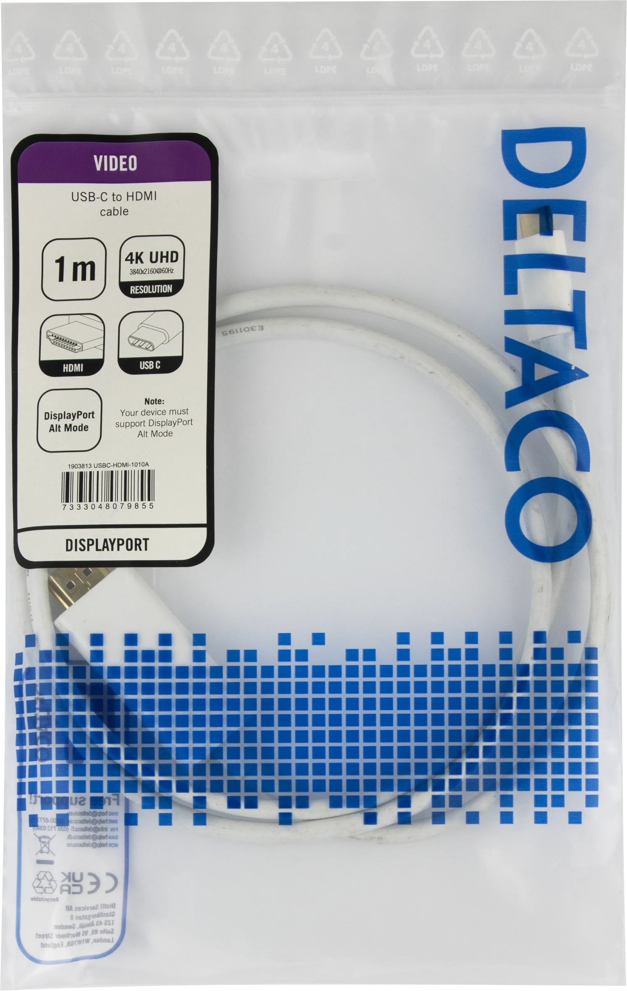 Deltaco USB-C to HDMI cable, 1 m, White