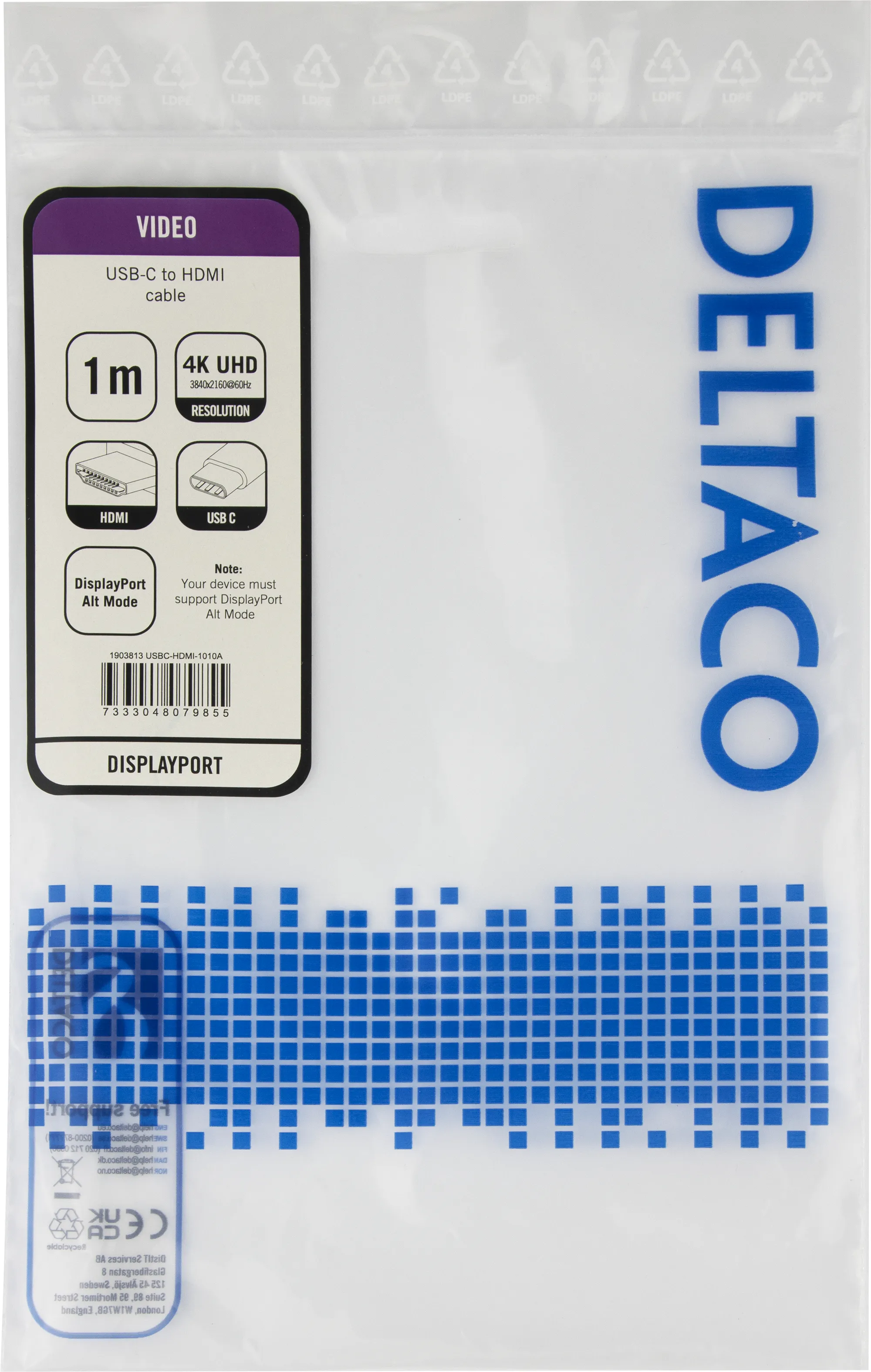 Deltaco USB-C to HDMI cable, 1 m, White