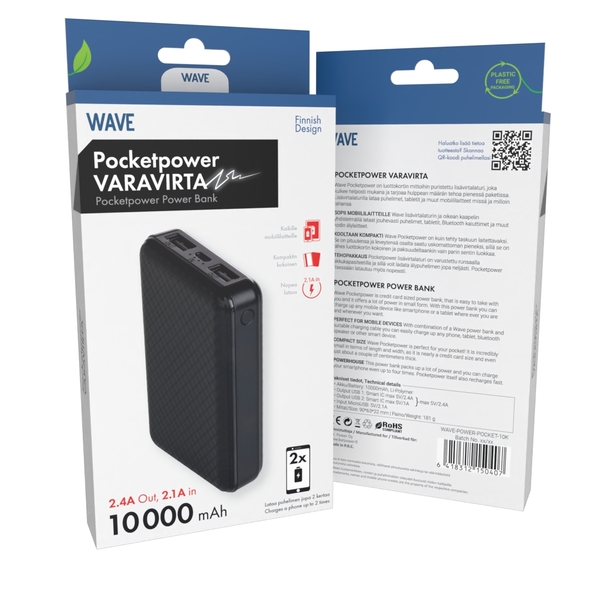 Wave Pocketpower lis&auml;virta, 10000mAh, Musta
