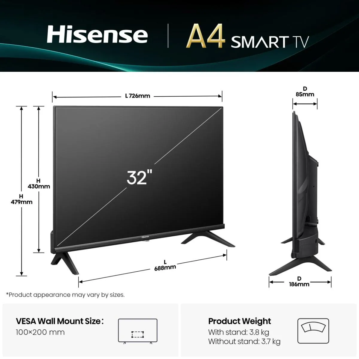 Hisense 32A4Q 32" HD LED VIDAA TV, 60 Hz, HDR10