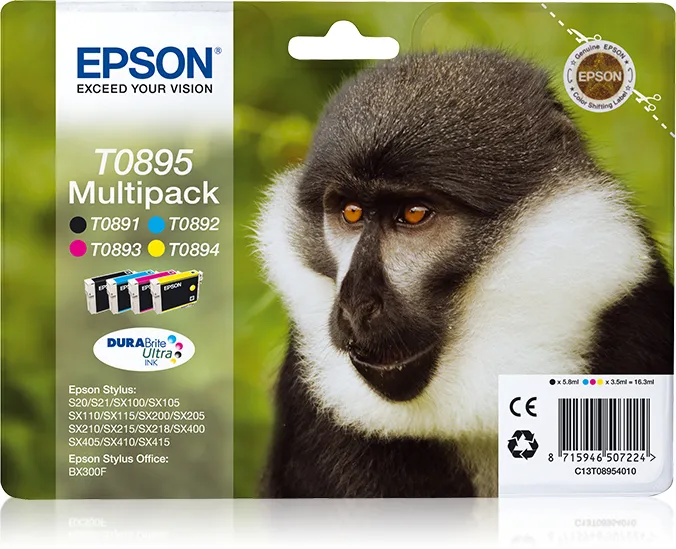 Epson T0895 Multipack - Kasetti tulostimelle - 1 x musta, keltainen, sinivihre&auml;, magenta - blister RF:ll&auml;/&auml;&auml;nih&auml;lyttimell&auml; malleihin Stylus S21, SX100, SX105, S