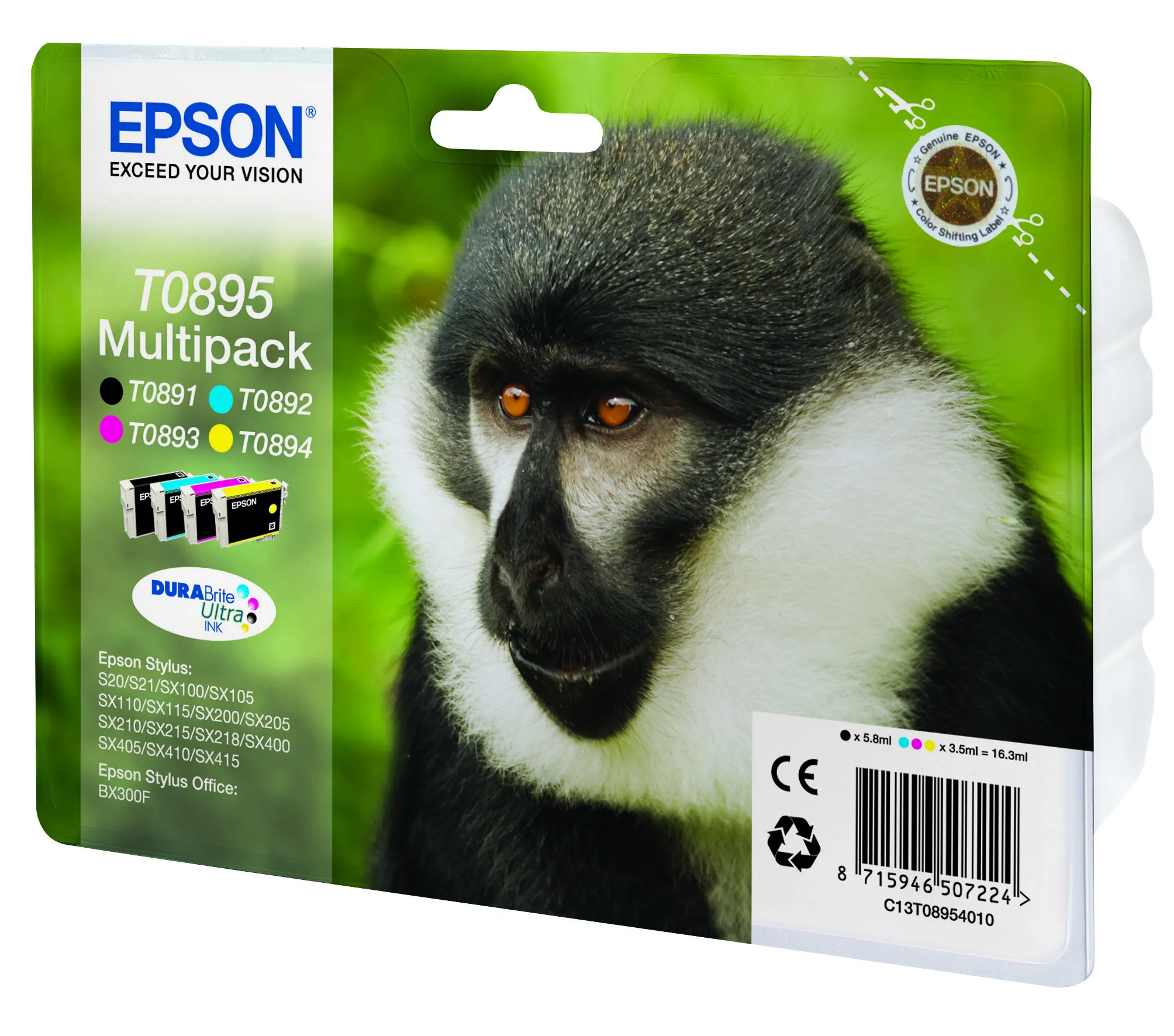 Epson T0895 Multipack - Kasetti tulostimelle - 1 x musta, keltainen, sinivihreä, magenta - kuplapakkaus malleihin Stylus S21, SX100, SX105, SX115, SX215, SX218,