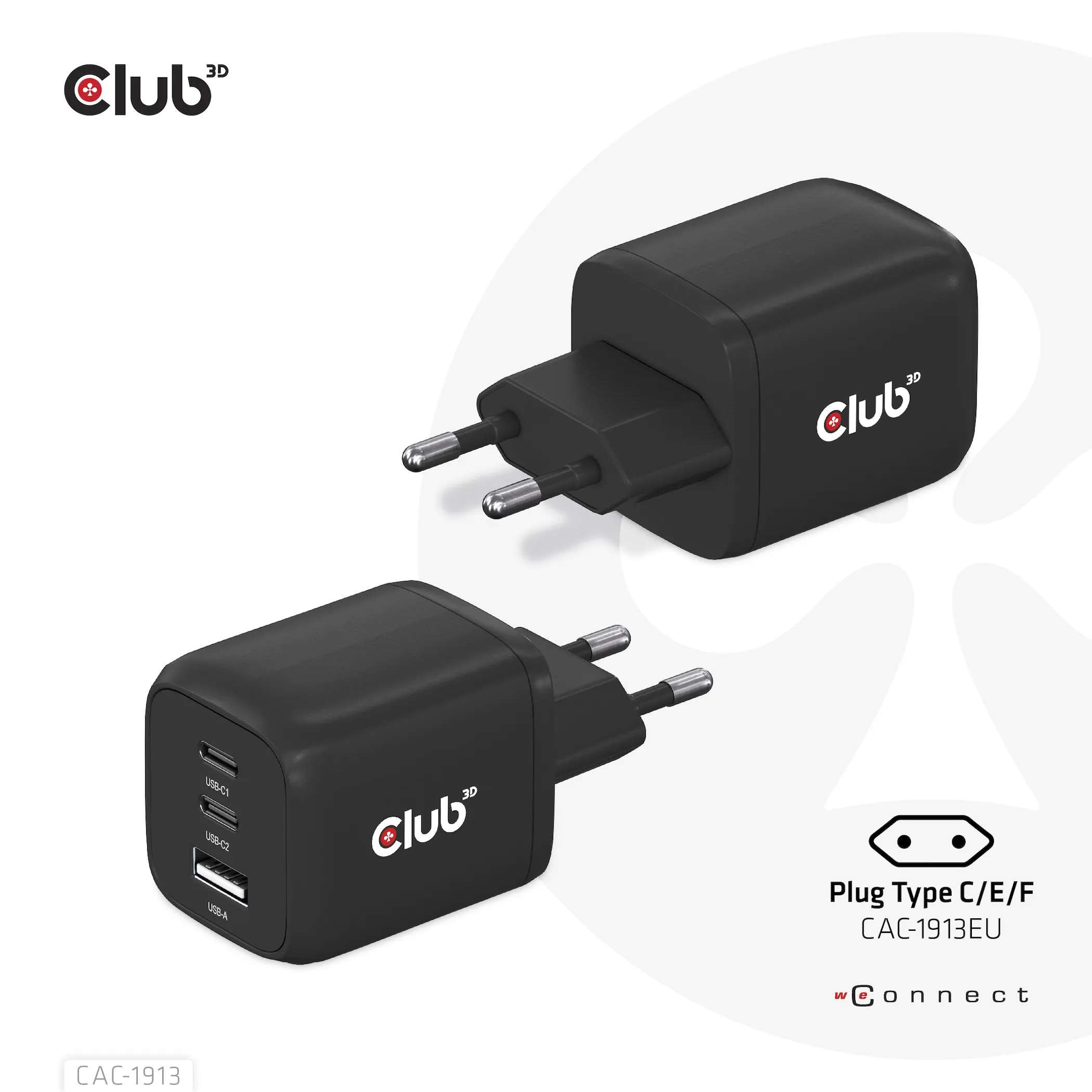 Club 3D 65W GaN, 2x USB C + USB A, PD 3.0 -laturi, Musta