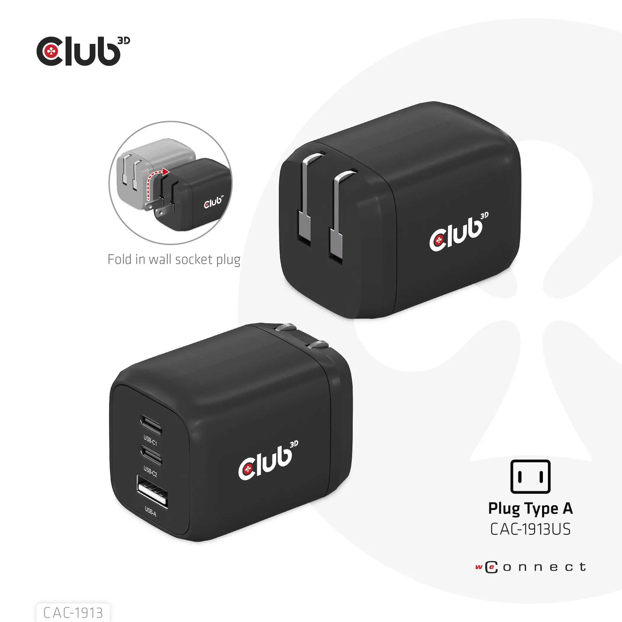 Club 3D 65W GaN, 2x USB C + USB A, PD 3.0 -laturi, Musta