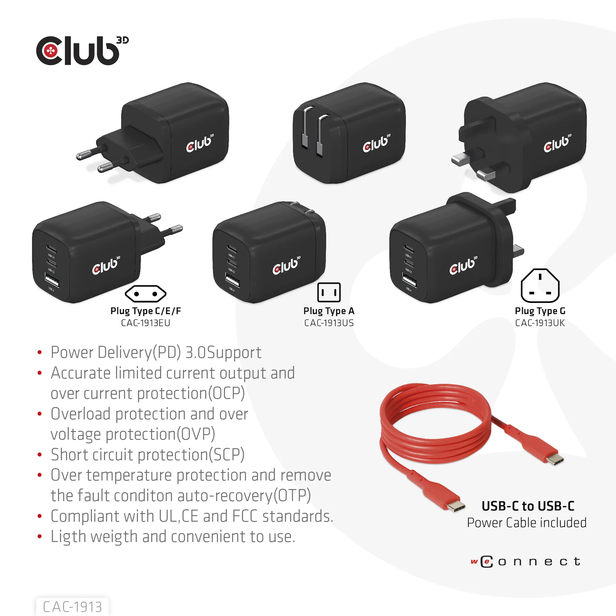 Club 3D 65W GaN, 2x USB C + USB A, PD 3.0 -laturi, Musta