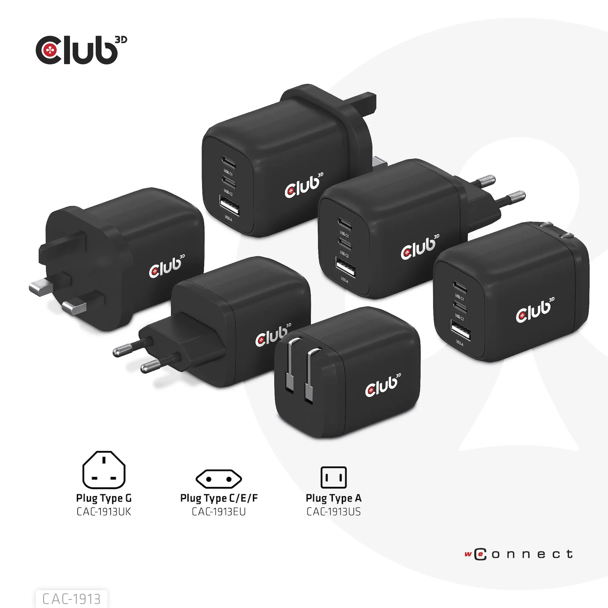 Club 3D 65W GaN, 2x USB C + USB A, PD 3.0 -laturi, Musta