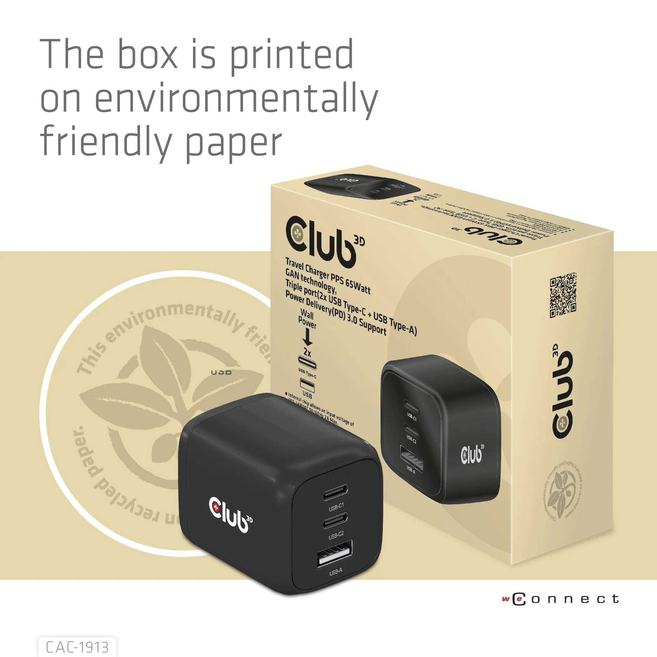 Club 3D 65W GaN, 2x USB C + USB A, PD 3.0 -laturi, Musta