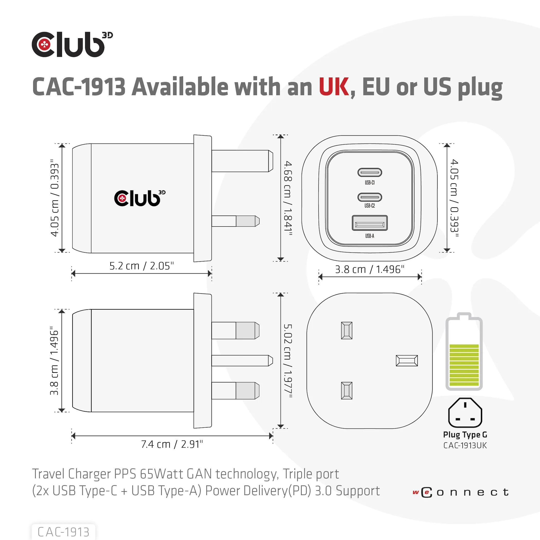 Club 3D 65W GaN, 2x USB C + USB A, PD 3.0 -laturi, Musta