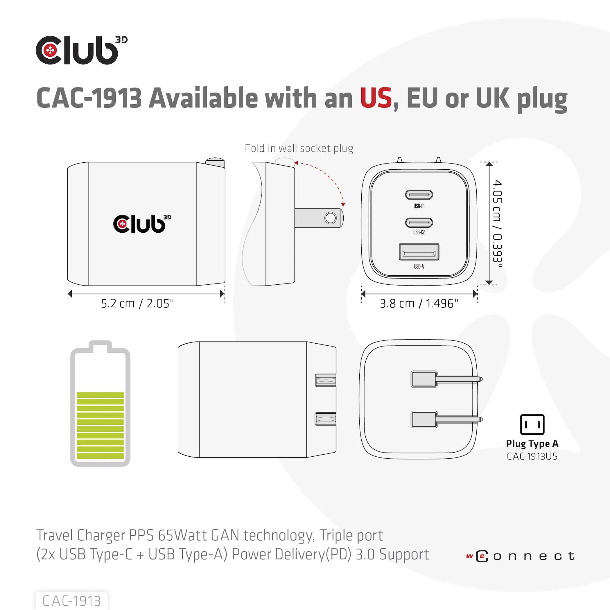Club 3D 65W GaN, 2x USB C + USB A, PD 3.0 -laturi, Musta
