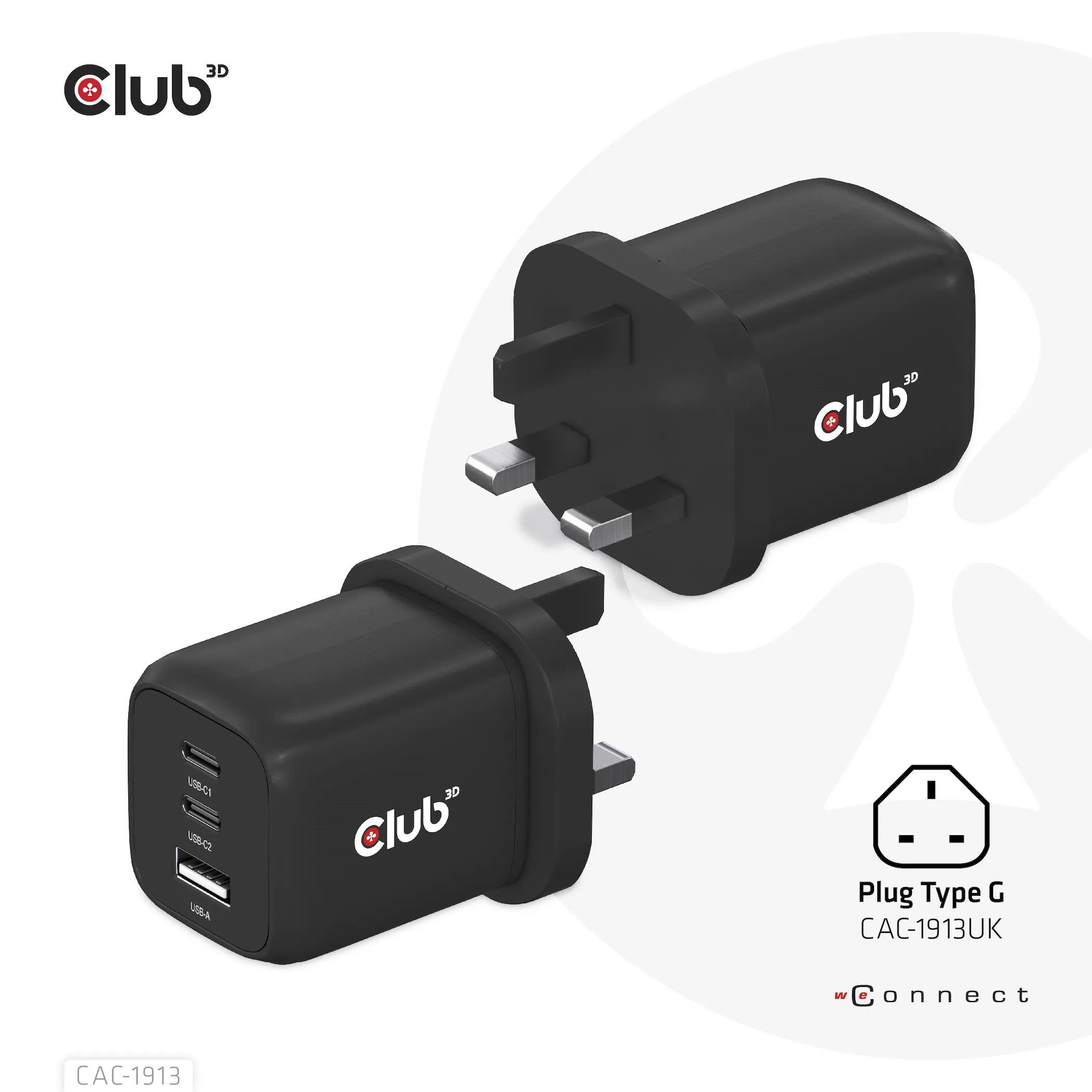 Club 3D 65W GaN, 2x USB C + USB A, PD 3.0 -laturi, Musta