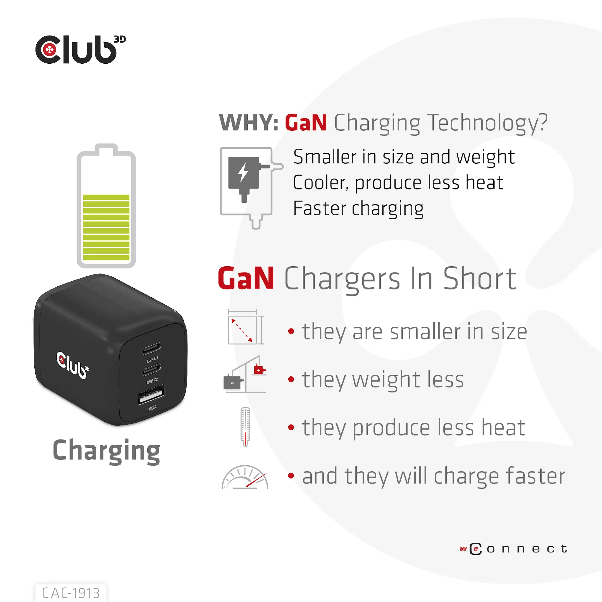 Club 3D 65W GaN, 2x USB C + USB A, PD 3.0 -laturi, Musta