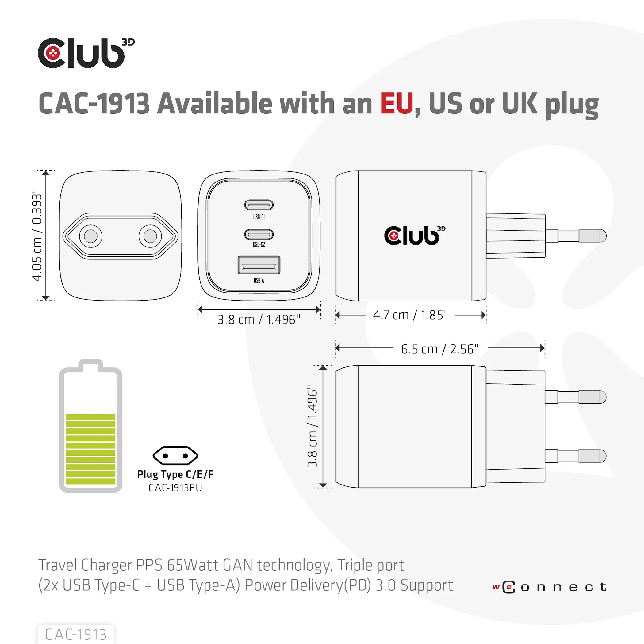 Club 3D 65W GaN, 2x USB C + USB A, PD 3.0 -laturi, Musta