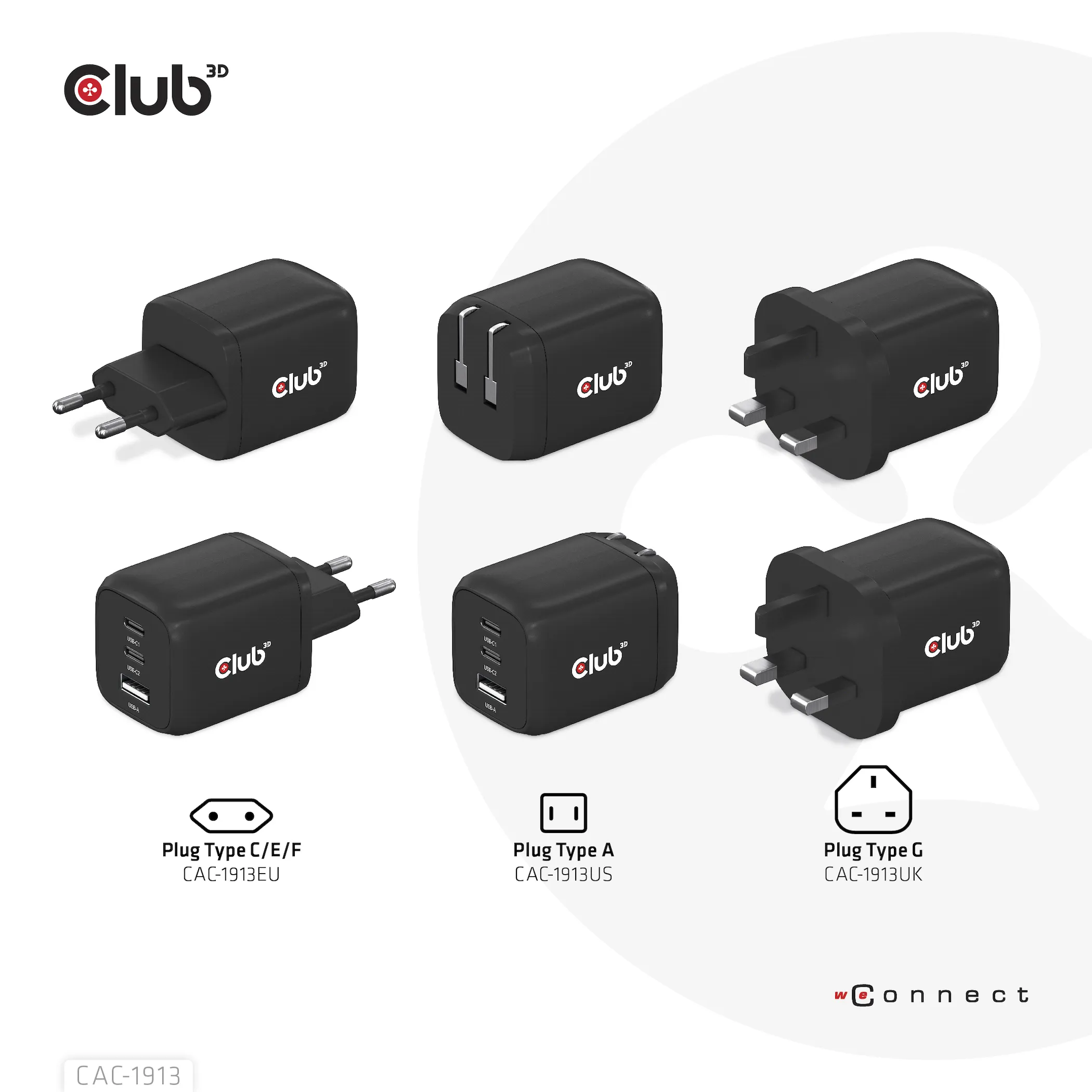 Club 3D 65W GaN, 2x USB C + USB A, PD 3.0 -laturi, Musta