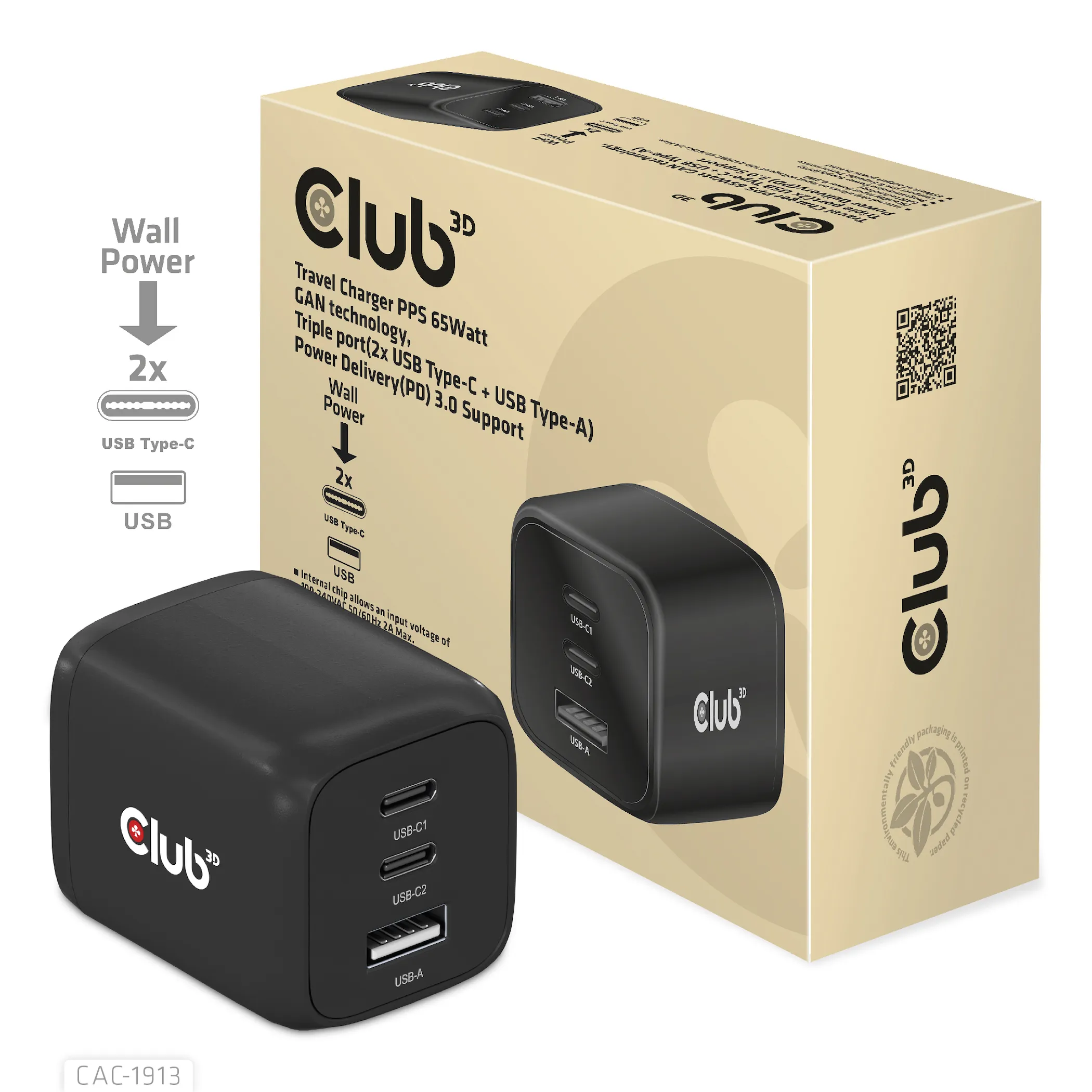 Club 3D 65W GaN, 2x USB C + USB A, PD 3.0 -laturi, Musta