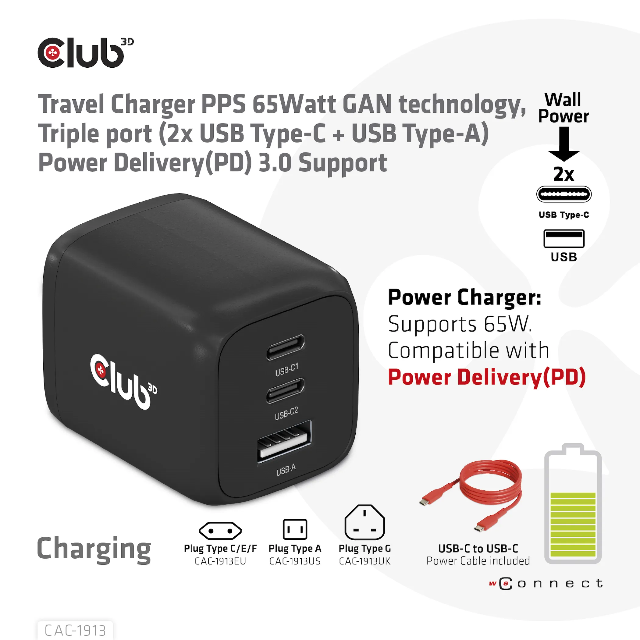 Club 3D 65W GaN, 2x USB C + USB A, PD 3.0 -laturi, Musta