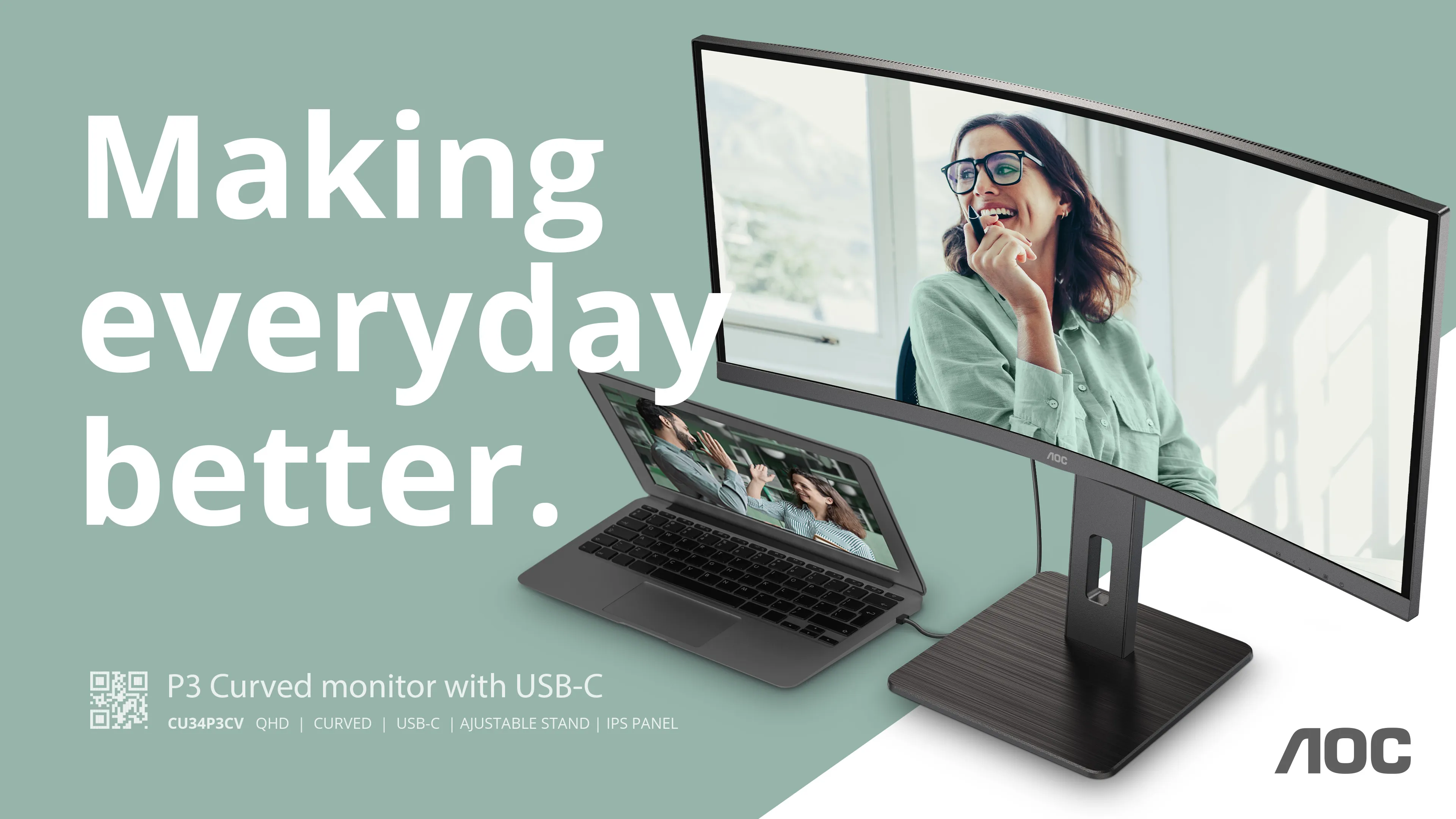 AOC CU34P3CV 34" UWQHD, VA -kaareva n&auml;ytt&ouml;, USB-C hub