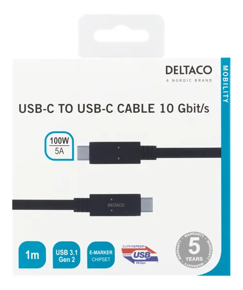 Deltaco Mobility USB-C – USB-C 3.1 Gen 2 - cable, 1 m, Black