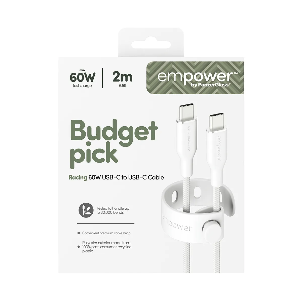 PanzerGlass empower USB-C cable, 60W, 2 m, White