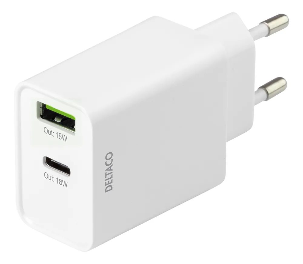 DELTACO USB wall charger, 1x USB-A 18 W, 1x USB-C PD 18 W, white