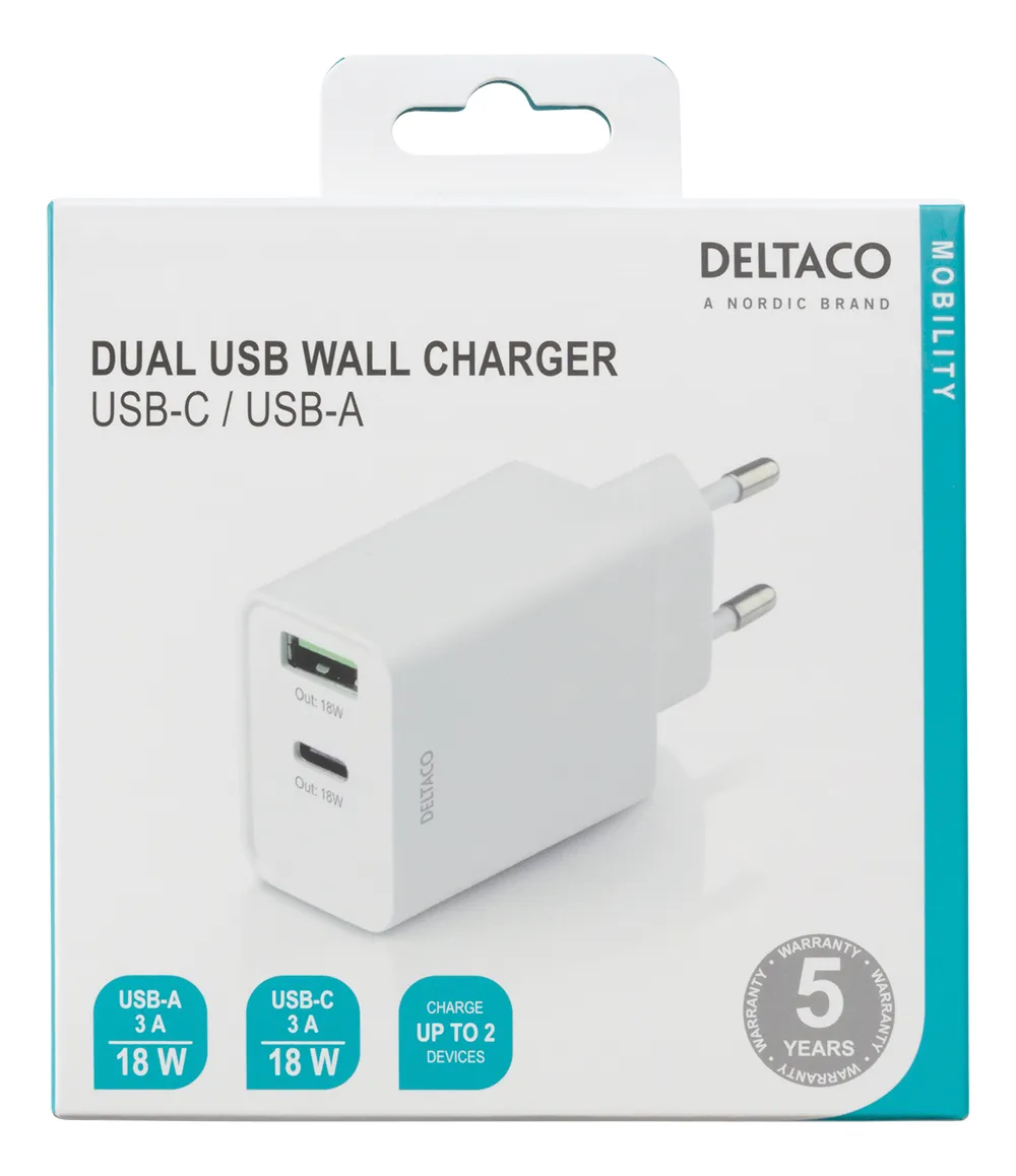 DELTACO USB wall charger, 1x USB-A 18 W, 1x USB-C PD 18 W, white