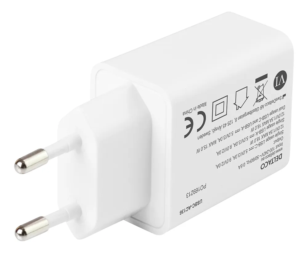 DELTACO USB wall charger, 1x USB-A 18 W, 1x USB-C PD 18 W, white