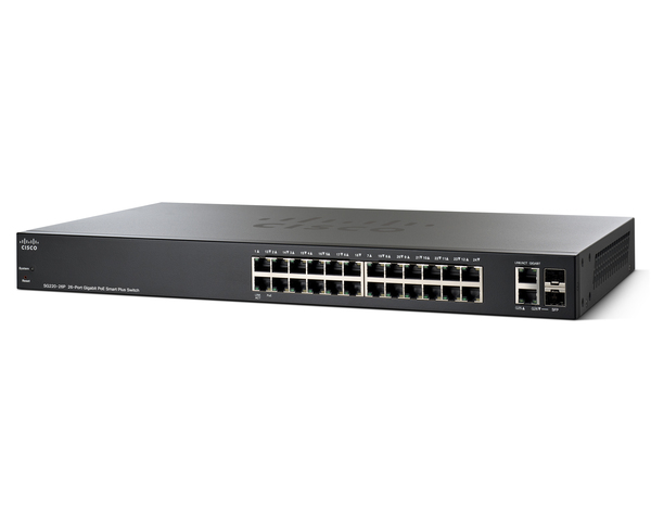 Cisco Small Business Smart Plus SG220-26P - Kytkin - Hallinnoitu - 24 x 10/100/1000 (PoE) + 2 x combo Gigabit SFP - ty&ouml;p&ouml;yt&auml;, r&auml;kkiin asennettava - PoE (180 W)
