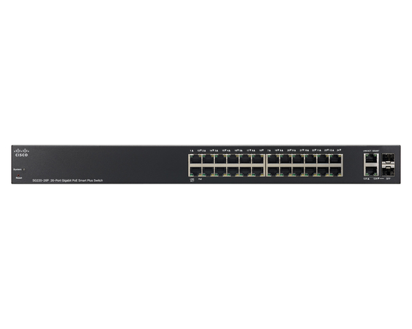 Cisco Small Business Smart Plus SG220-26P - Kytkin - Hallinnoitu - 24 x 10/100/1000 (PoE) + 2 x combo Gigabit SFP - ty&ouml;p&ouml;yt&auml;, r&auml;kkiin asennettava - PoE (180 W)