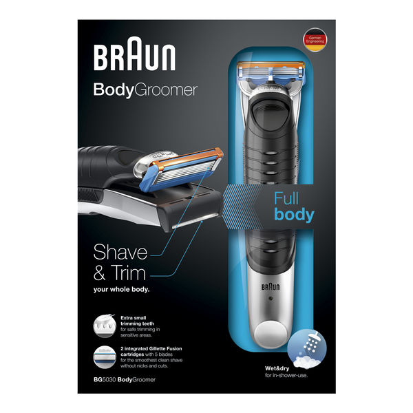BRAUN VARTALOTRIMMERI BG5030  - Johdoton W&amp;D bodygroomer vartalotrimmeri 2in1 Gilletten Fusion terill&auml;! Mukana pehme&auml; s&auml;ilytyspussi. UUTUUS!