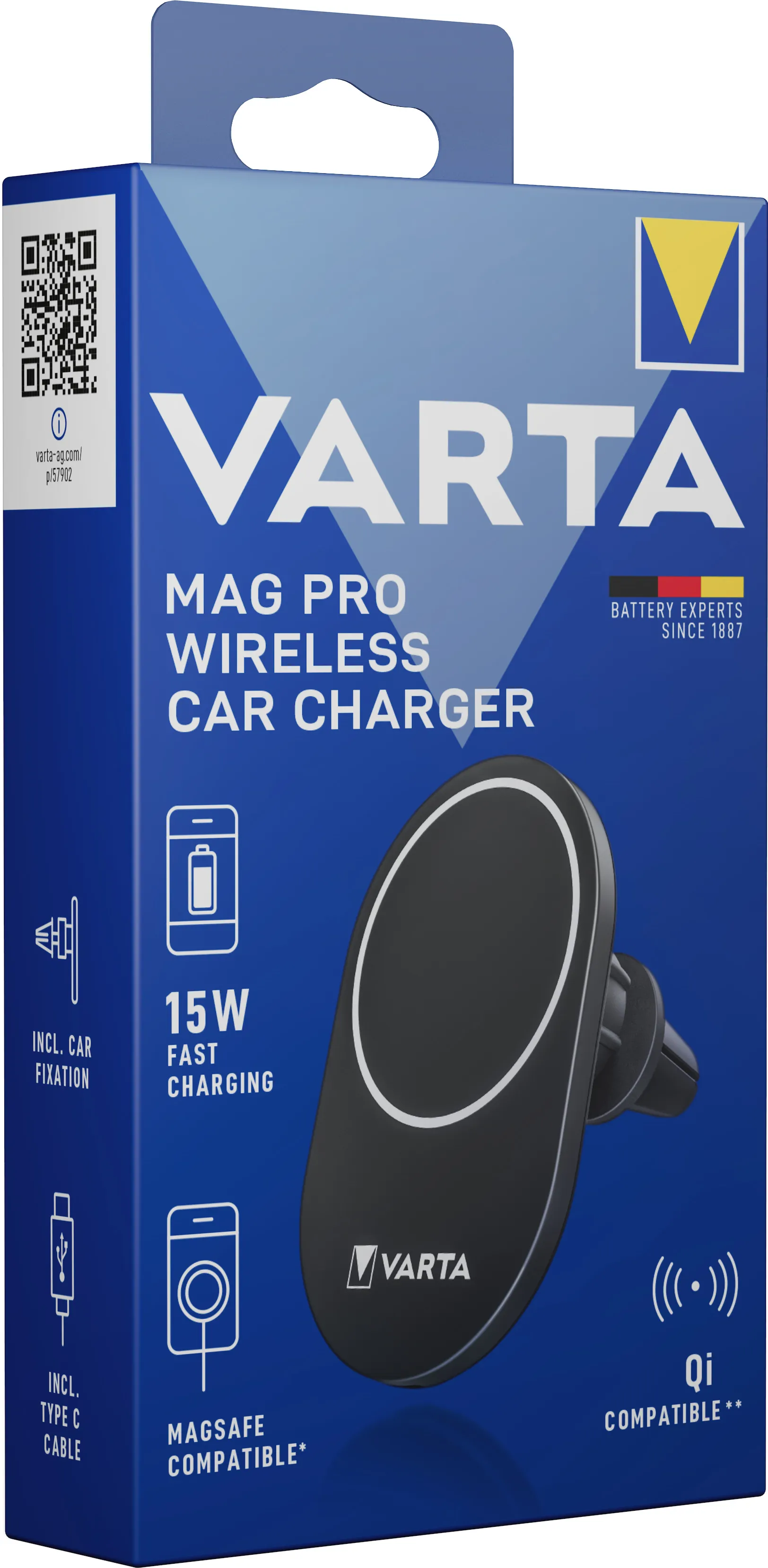 VARTA Mag Safe, 1 USB port, 15 W, Qi - Wireless Car Charger