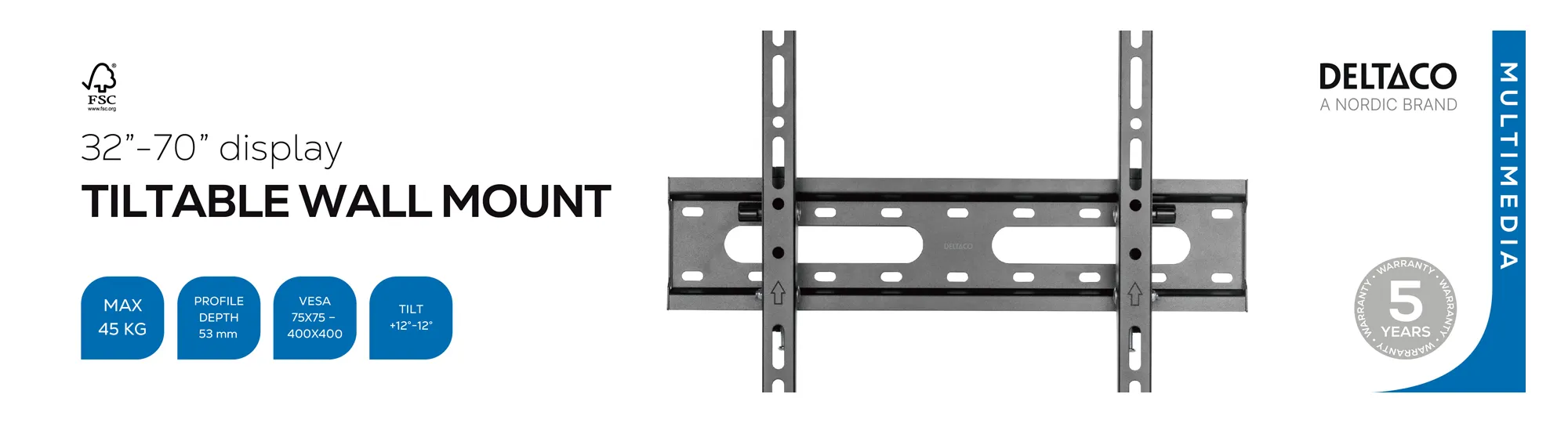 DELTACO ARM-1101-B Sein&auml;teline, Kallistettava, 32-70" (45 kg) Musta