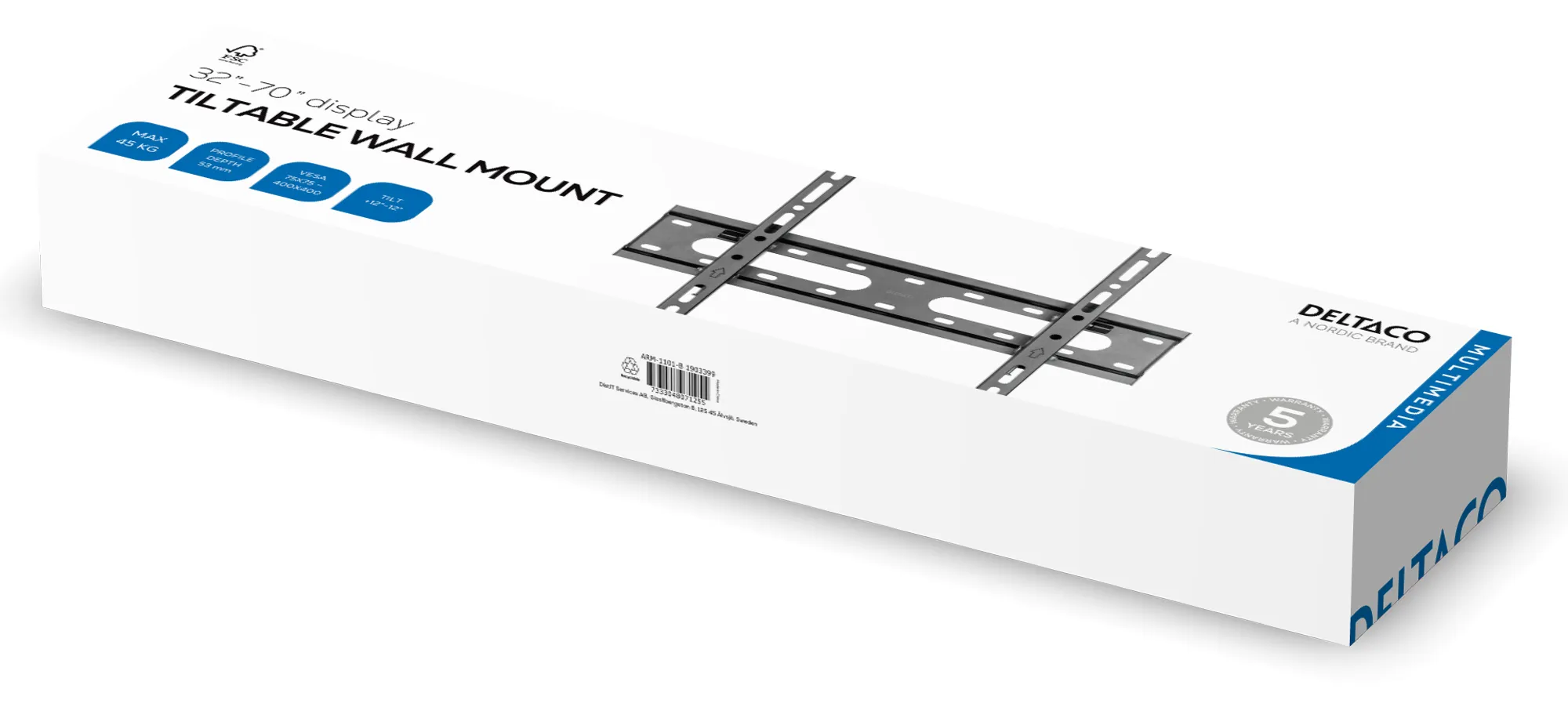 DELTACO ARM-1101-B Sein&auml;teline, Kallistettava, 32-70" (45 kg) Musta