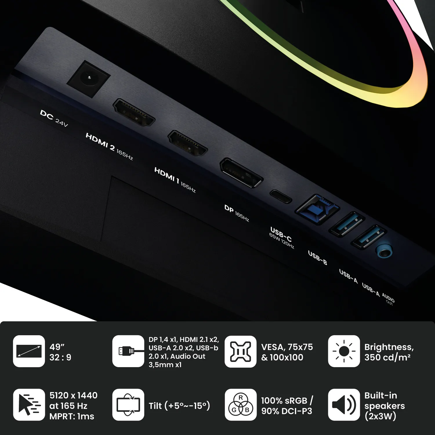AROZZI Nova 49" DQHD, 165Hz, VA -kaareva pelin&auml;ytt&ouml;, USB-C hub