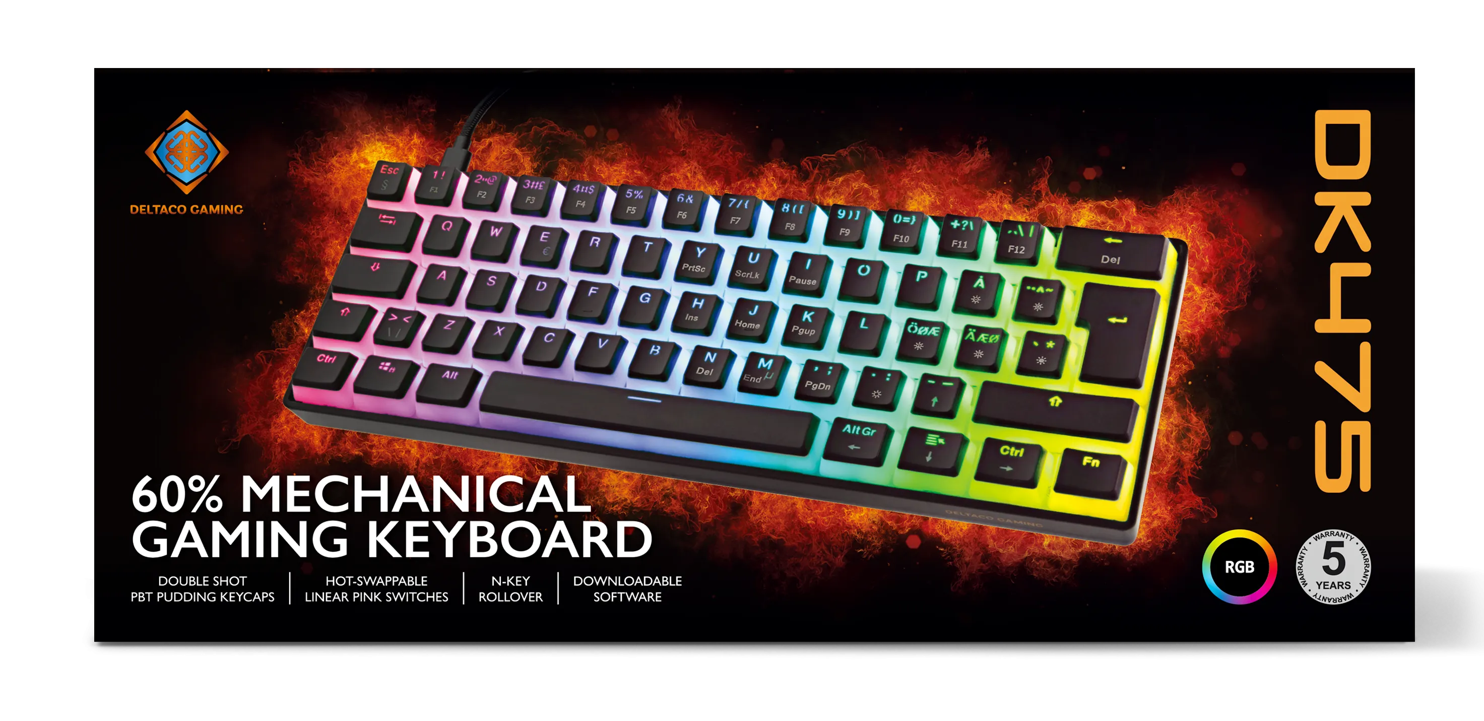 Deltaco Gaming DK475. 60%, Pudding Keycaps, Hot Swap, RGB - speltangentbord, svart