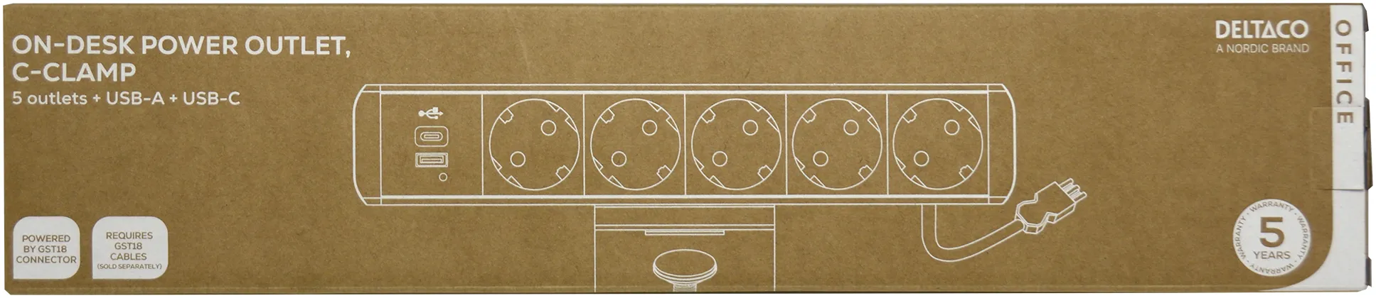 Deltaco On-desk Outlet, 5 outlets, 1x21W A+C USB, GST18 cable